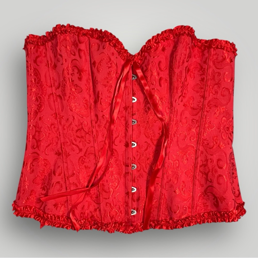 Vibrant Red Damask Shapewear Corset Ruffled lace‎ up back Romantic Holiday